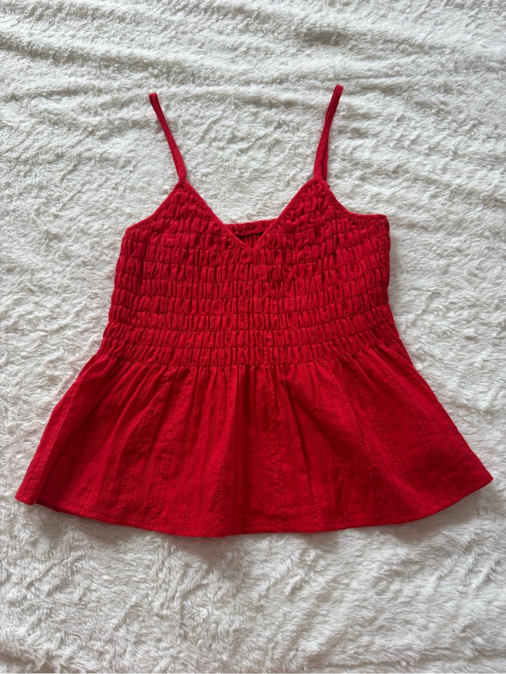 Red Smocked Spaghetti Strap Peplum Tank Top
